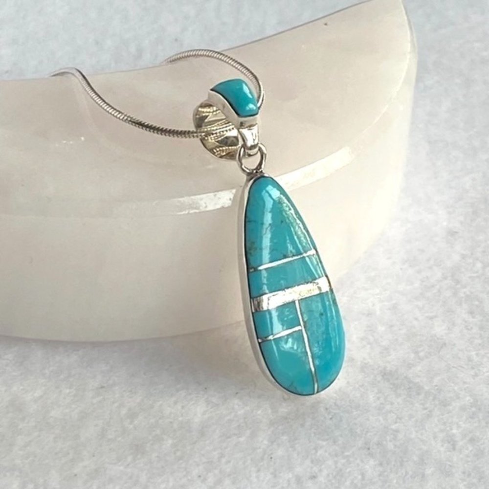 Sterling Silver Inlay Turquoise Teardrop Pendant n - Picture 4 of 14